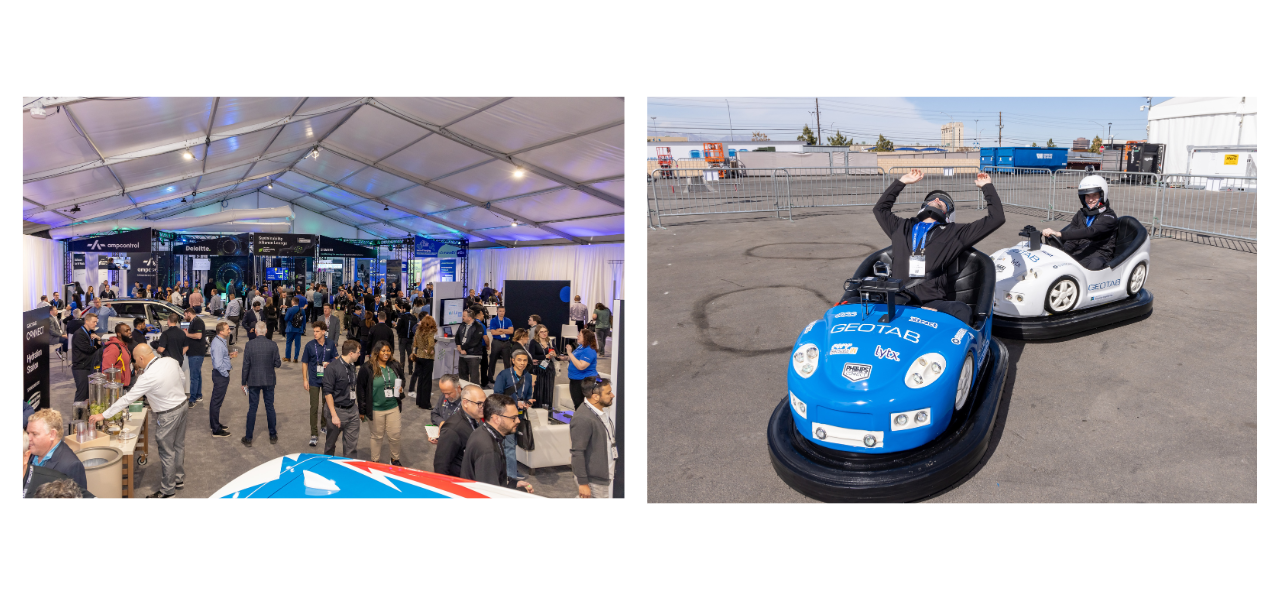 galpão com varias pessoas interagindo e 2 mini carros com 2 pessoas dirigindo