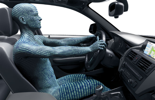 Figura digital de um humano composto por códigos binários (0 e 1) sentado ao volante de um carro, simbolizando integração entre tecnologia e condução. Imagem 2: Ilustração interna de um carro com alerta de pedestre detectado à frente, destacando sistemas de assistência e segurança veicular. Is this conversation helpful so far?