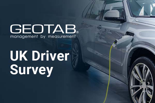 EV vehicle charging with Geotab logo and UK Driver Survey