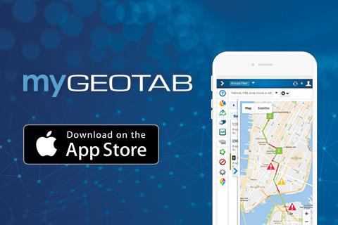 MyGeotab logo and MyGeotab dashboard displayed on smartphone
