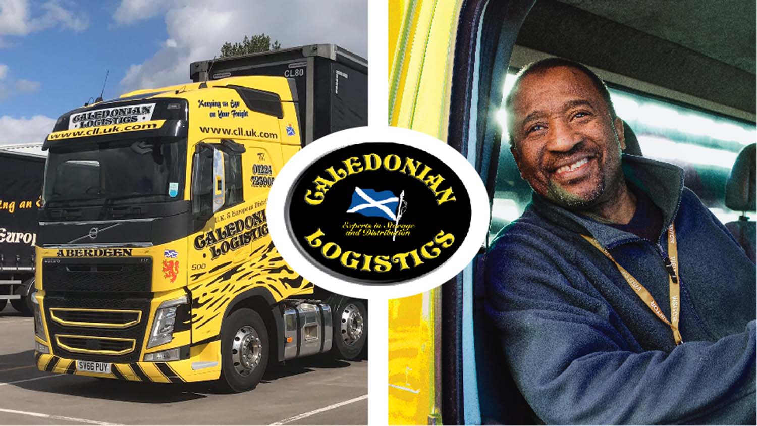 Caledonian logo, truck, and employee