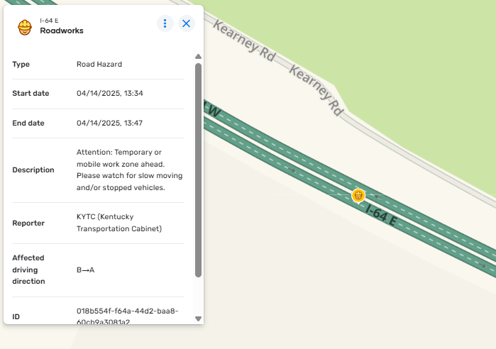 KYTC’s Safety Report Table that notates where mobile work zones in the field are located. From January 1, 2025 to April 15, 2025, 84,884 records were counted.