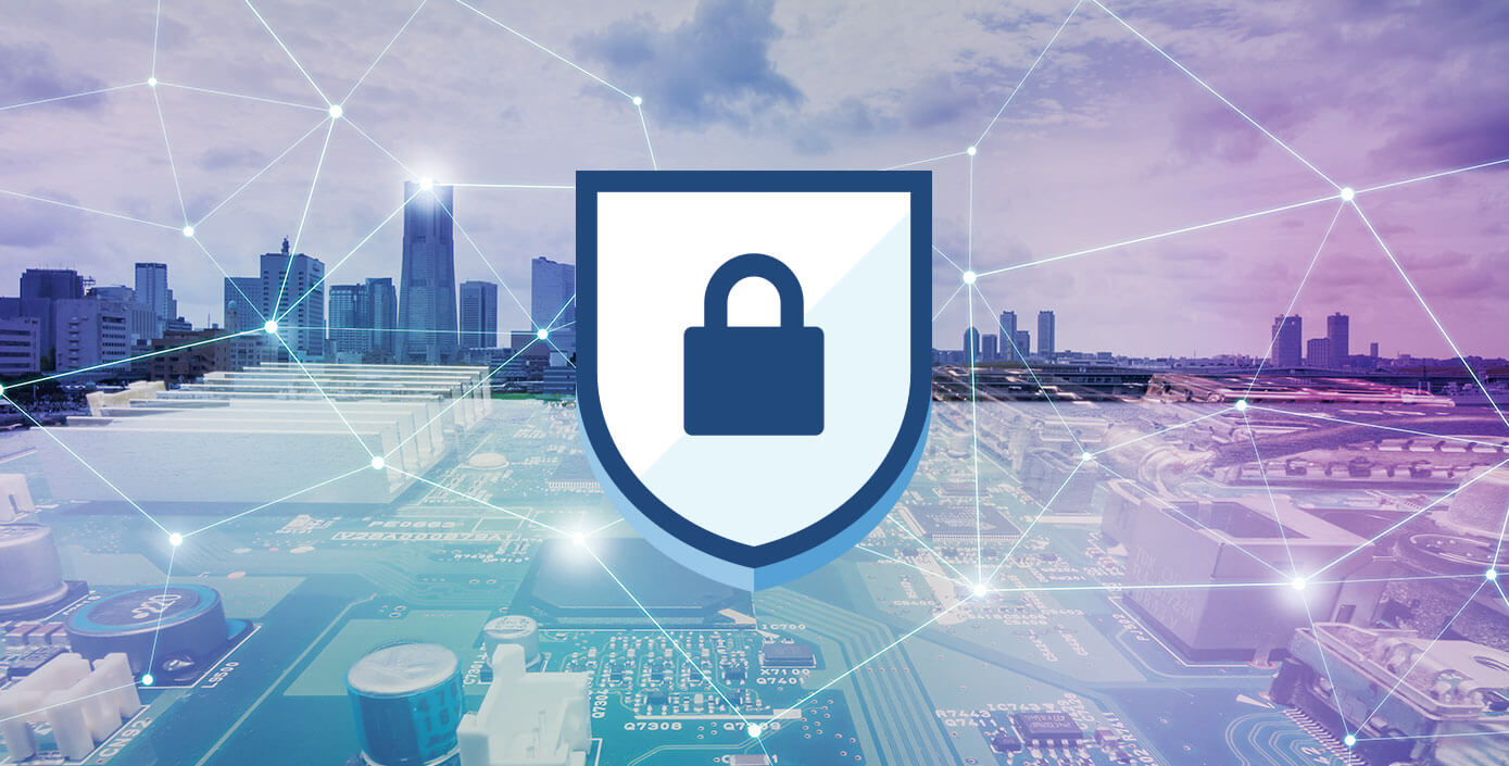 Animated illustration of city landscape with data connection points and a lock symbol in the middle of the image