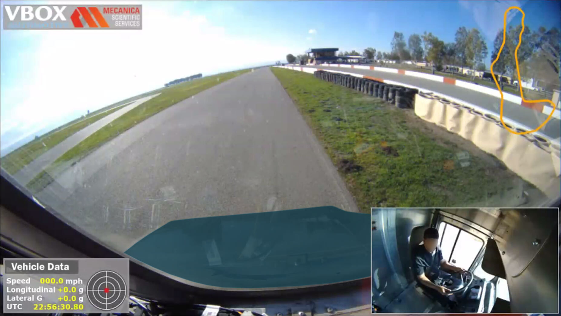 Screen capture of front-facing camera video from the telematics device test at Buttonwillow Raceway Park.