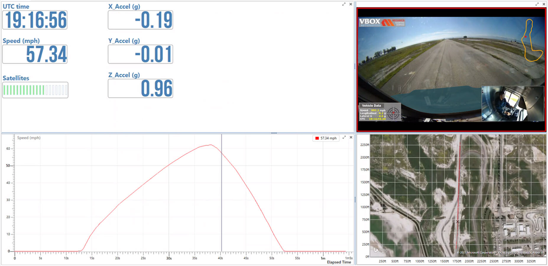 Screenshot of VBOX dashboard with video, graphic overlay, metrics and satellite view.