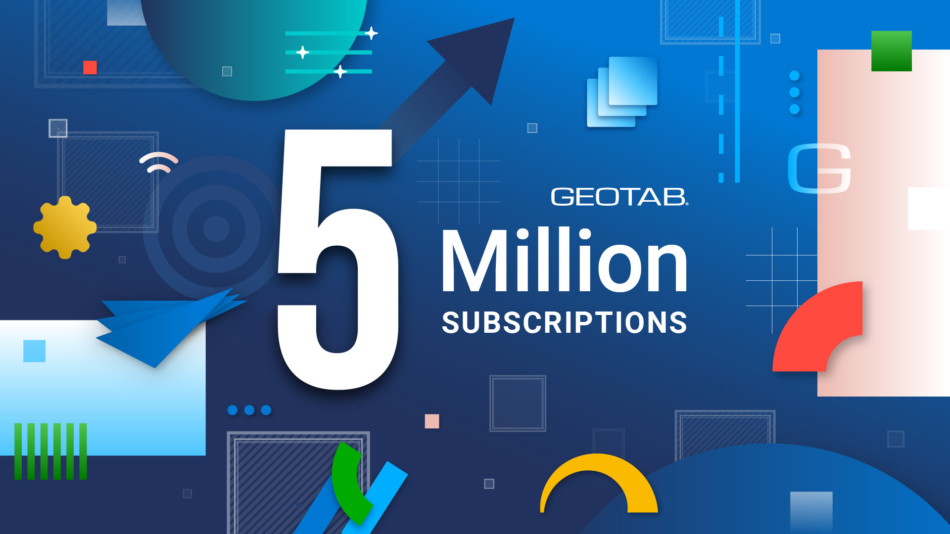 Graphic illustration by Geotab commemorating the milestone of 5 million subscriptions on a blue background with abstract shapes.